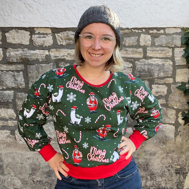 French Terry Santa Claus and Llama | Glitzerpüppi – fir green/chili,  image number 6