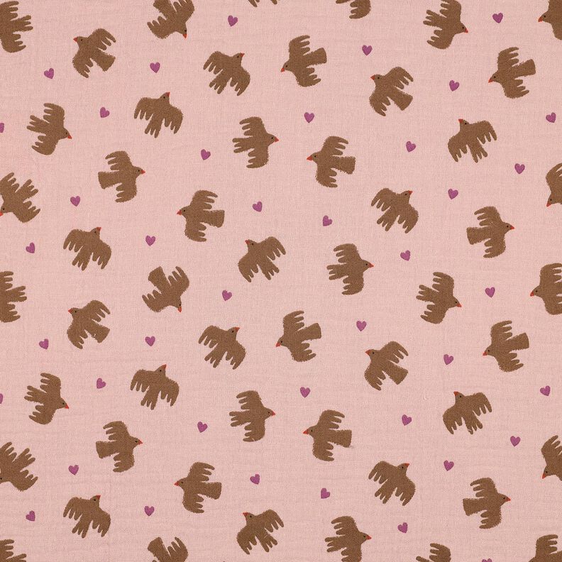 GOTS Double Gauze/Muslin Birds and hearts | Poppy Fabrics – dusky pink, image number 1