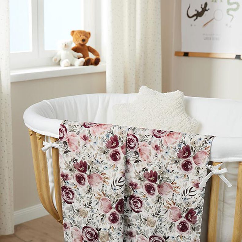 Double Gauze/Muslin Watercolour Roses Digital Print – white,  image number 8