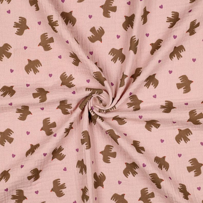 GOTS Double Gauze/Muslin Birds and hearts | Poppy Fabrics – dusky pink,  image number 4