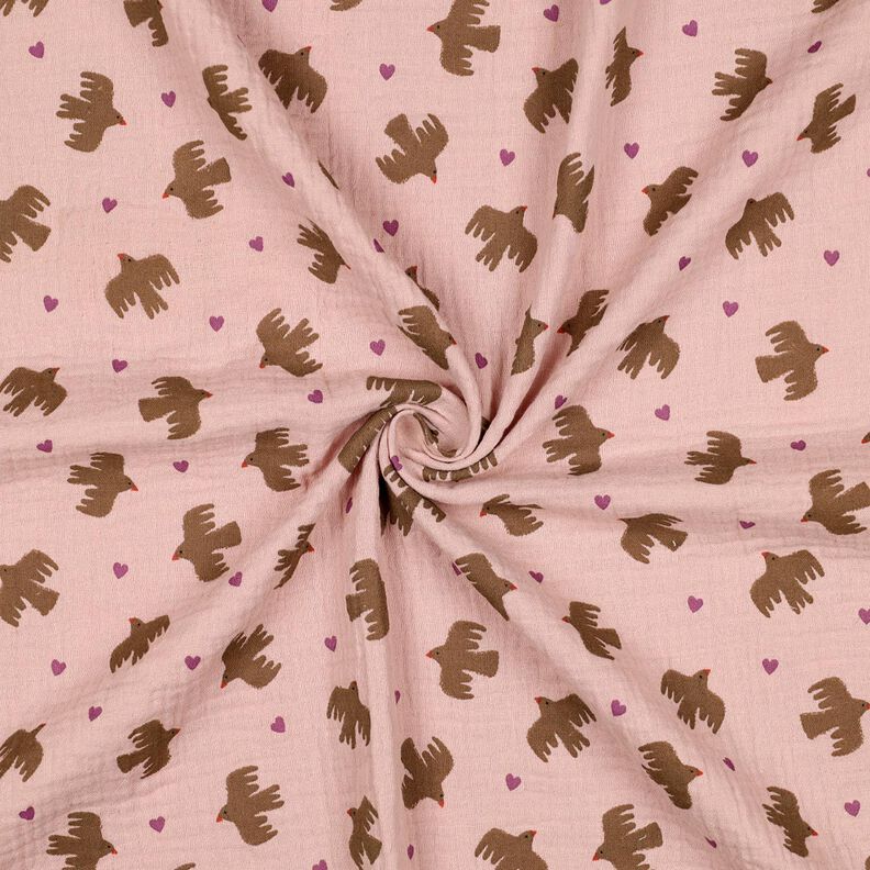 GOTS Double Gauze/Muslin Birds and hearts | Poppy Fabrics – dusky pink, image number 4