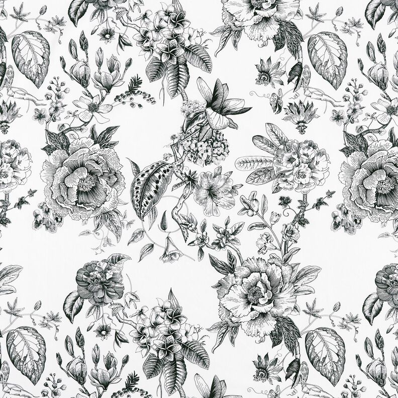 Decor Fabric Half Panama picturesque flowers – white/black,  image number 1