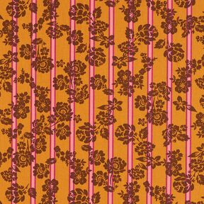 Cotton Cretonne Flowers on Stripes – curry yellow/purple, 