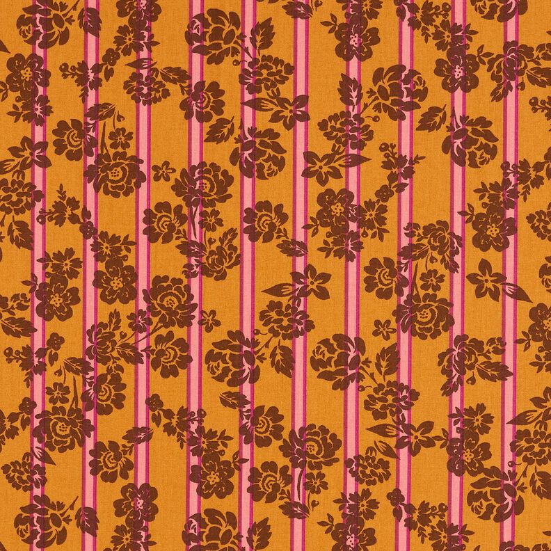 Cotton Cretonne Flowers on Stripes – curry yellow/purple, image number 1