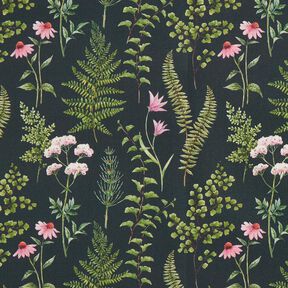 Outdoor Fabric Canvas Leaves and Flowers – dark green/pastel violet, 