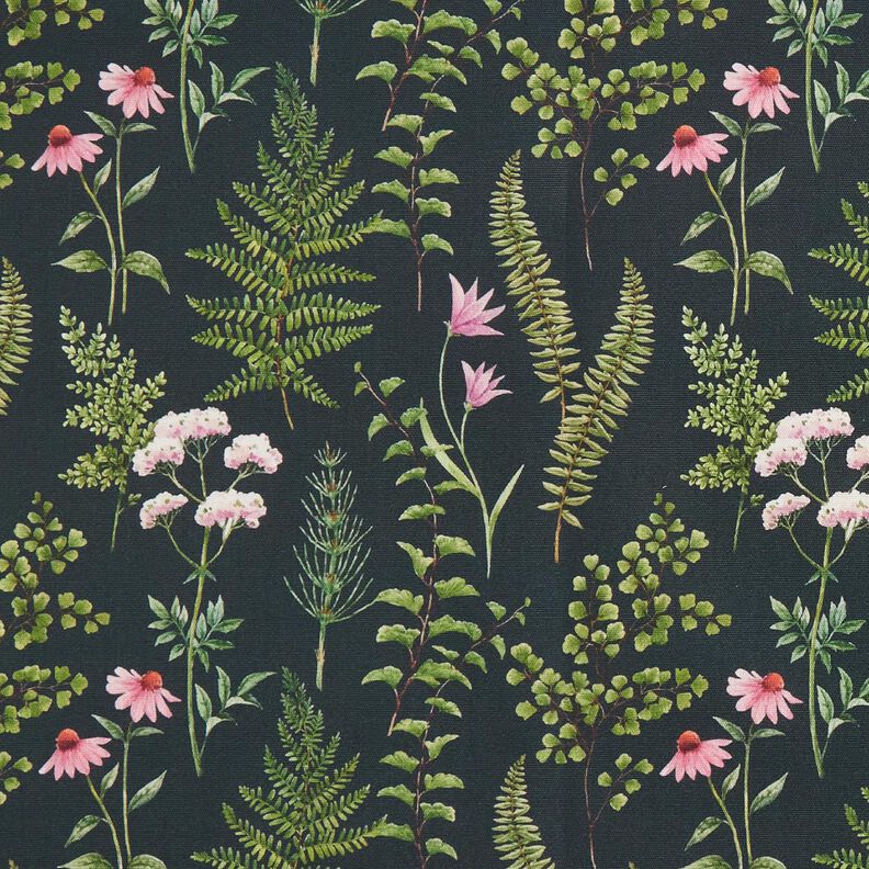 Outdoor Fabric Canvas Leaves and Flowers – dark green/pastel violet,  image number 1