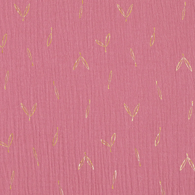 Double Gauze/Muslin Foil Print leaves – raspberry/gold,  image number 1