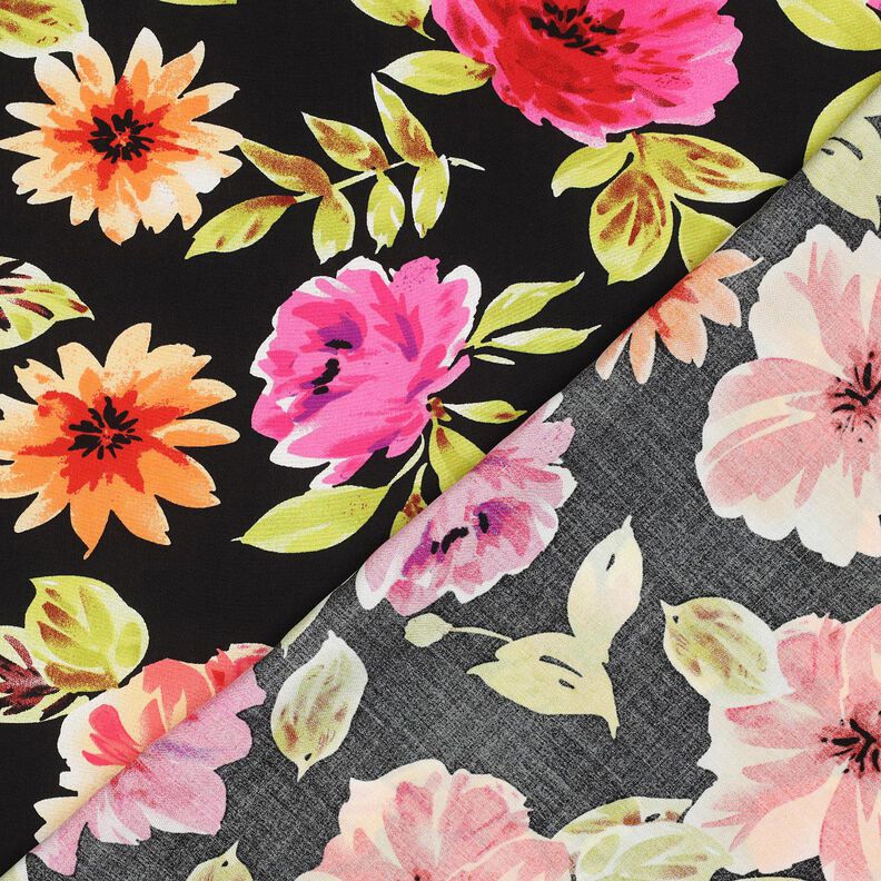 viscose fabric large flowers digital print – black/purple,  image number 4