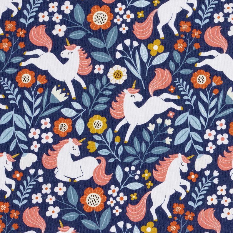 Cotton Poplin Floral Unicorn Digital Print – indigo,  image number 1