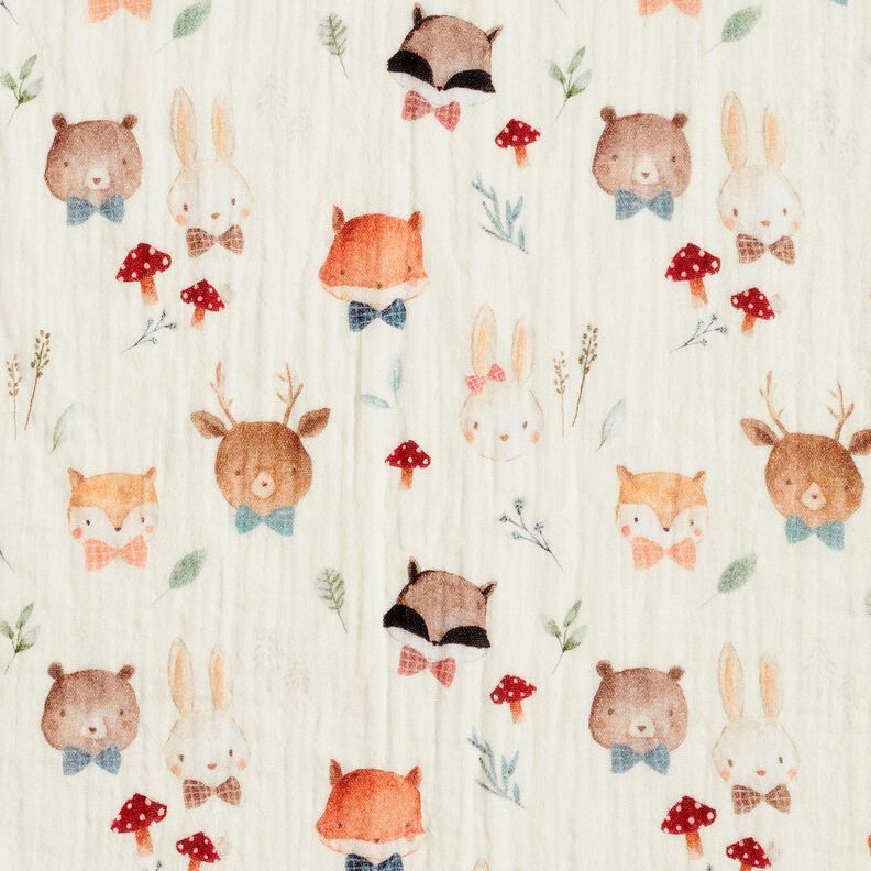 Double Gauze/Muslin Woodland animal heads Digital Print – offwhite,  image number 1