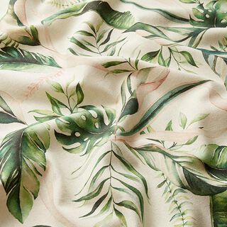 Decorative fabric, half Panama, leaves – green/natural, 