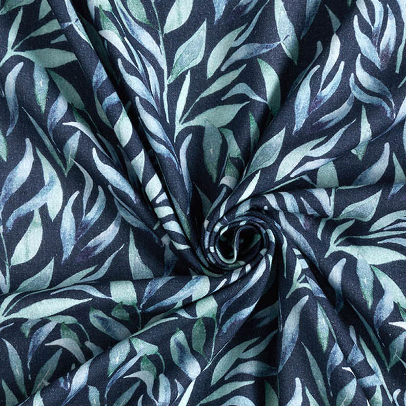 Double Gauze/Muslin Watercolour Leaves Digital Print – navy blue,  image number 3