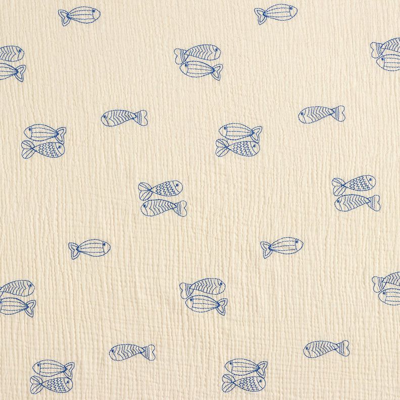Double Gauze/Muslin embroidered fish | Poppy Fabrics – offwhite/royal blue,  image number 1