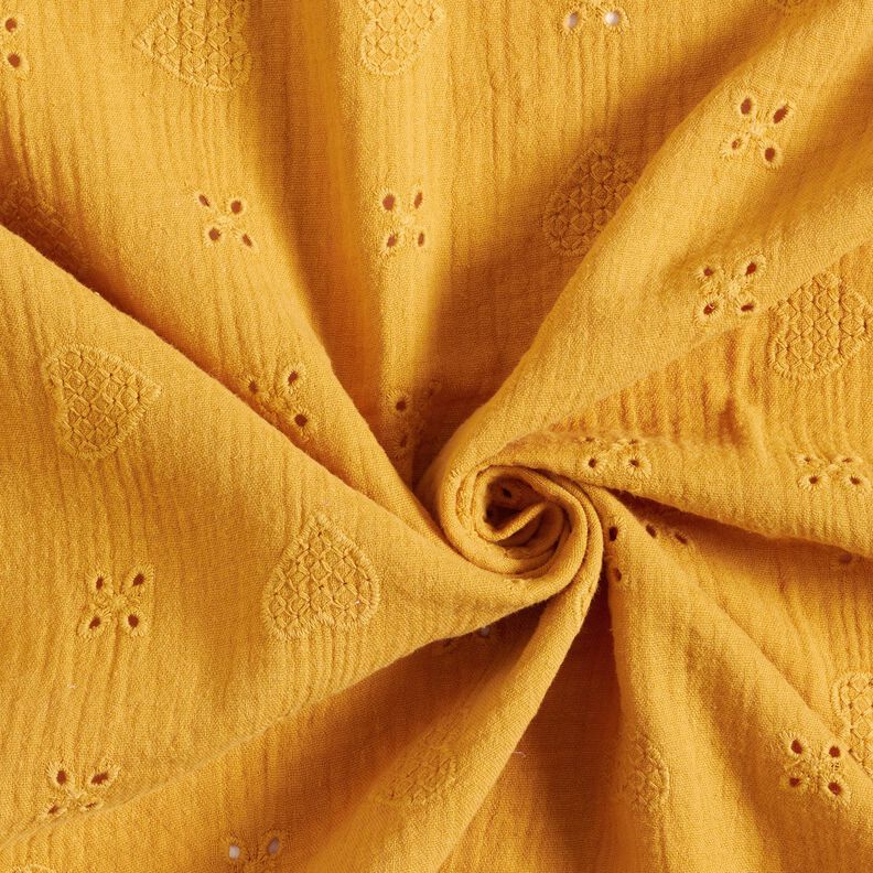 Double Gauze/Muslin Broderie Anglaise hearts – curry yellow,  image number 3