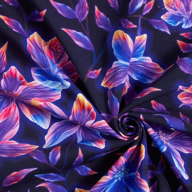 Cotton Jersey Glowing Flowers | Glitzerpüppi  – midnight blue/peach orange,  image number 3