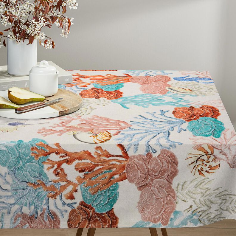 Decor Fabric Half Panama colourful corals – light taupe/aqua blue,  image number 8