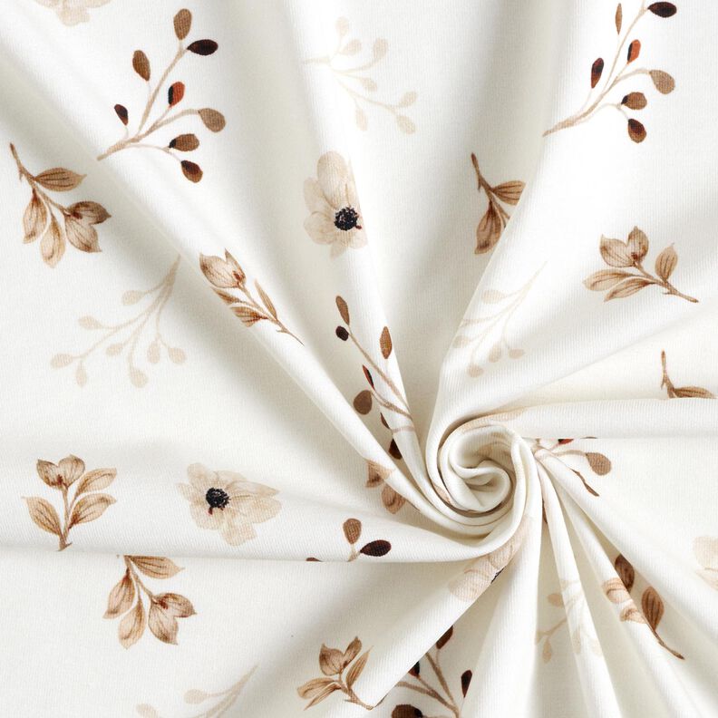 GOTS Cotton Jersey Watercolour flowers & branches digital print – white/light brown, image number 3