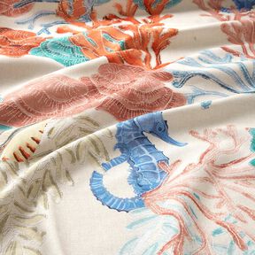 Decor Fabric Half Panama colourful corals – light taupe/aqua blue, 