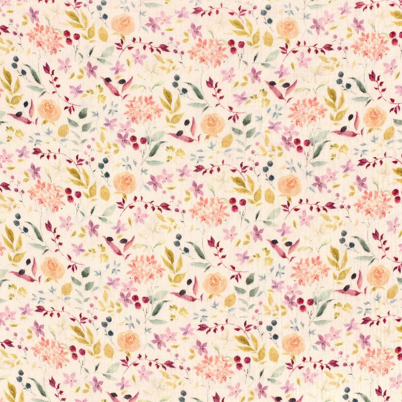 Double Gauze/Muslin Watercolour Floral Meadow Digital Print – cream,  image number 1