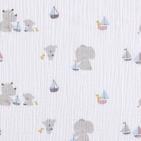 Double Gauze/Muslin animals and boats – white/silver grey, 