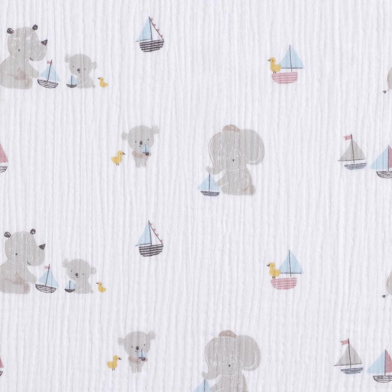 Double Gauze/Muslin animals and boats – white/silver grey,  image number 1