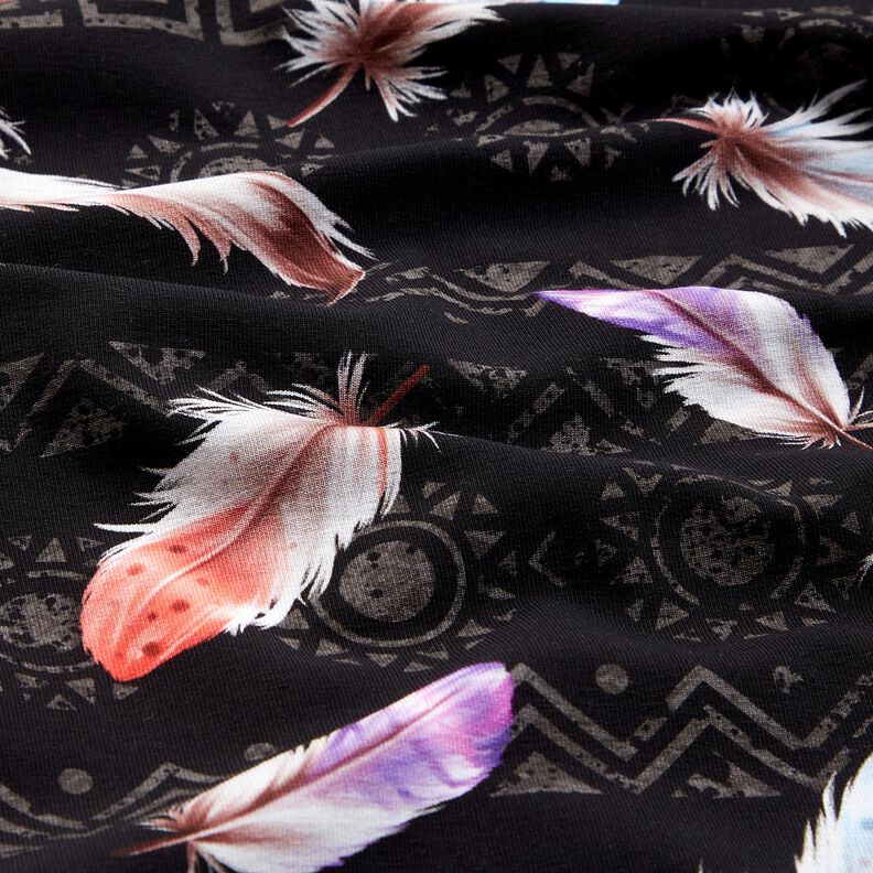 French terry Boho feathers | Glitzerpüppi  – black/lobster,  image number 2