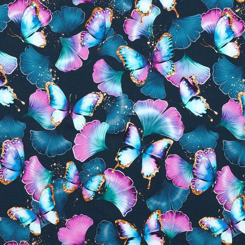 Cotton Jersey Ginkgo Butterflies | Glitzerpüppi  – midnight blue,  image number 1