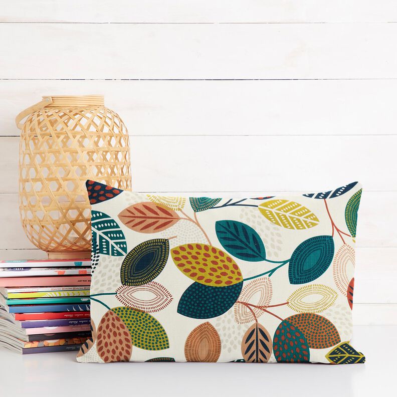 Decor Fabric Panama dotted leaves – offwhite/petrol,  image number 8