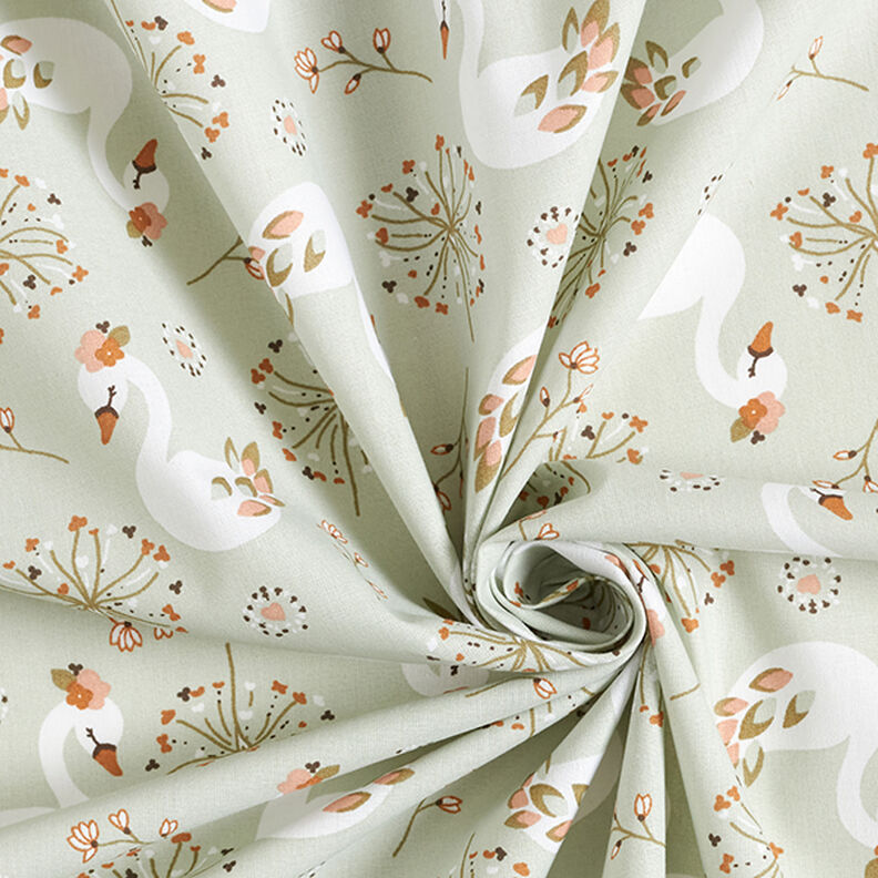 Cotton Poplin Swan and flower – pastel green,  image number 3