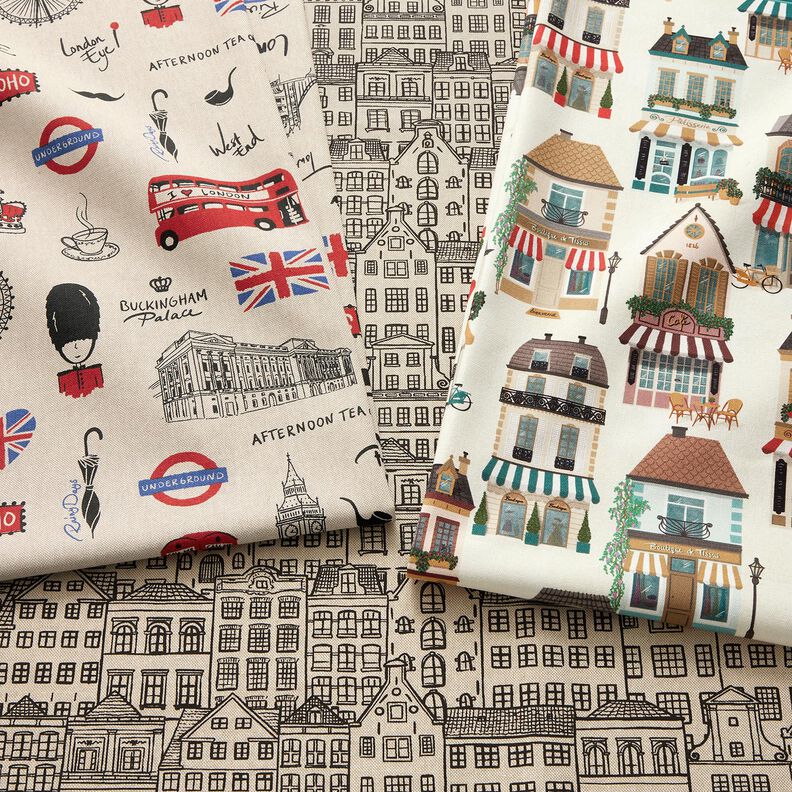 Decor Fabric Half Panama nostalgic houses – offwhite/beige,  image number 5