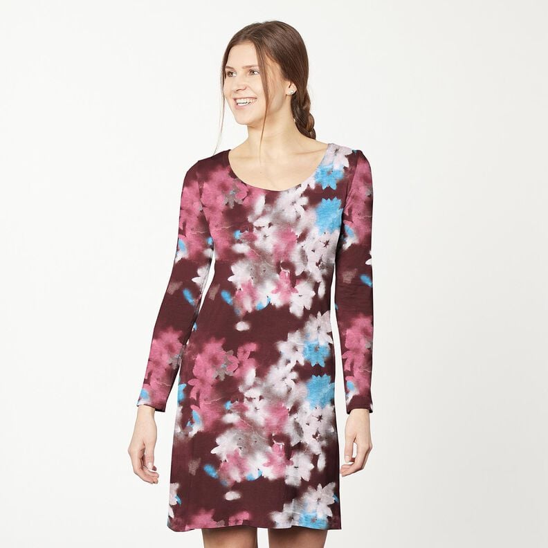 Cotton Jersey blurred flowers digital print – merlot/blue, image number 5