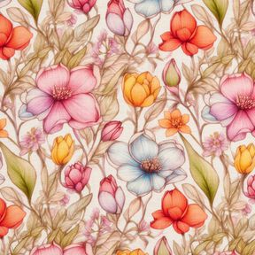 Viscose Linen Blend Flowers and climbing roses – natural/fire red, 