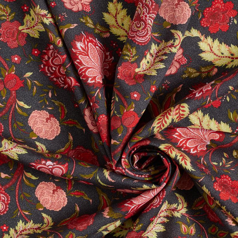 viscose fabric Paisley flowers – anthracite/fire red,  image number 3