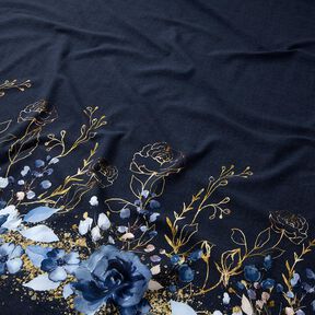 Cotton Jersey Border fabric flowers in golden glitter | Glitzerpüppi – midnight blue/denim blue, 
