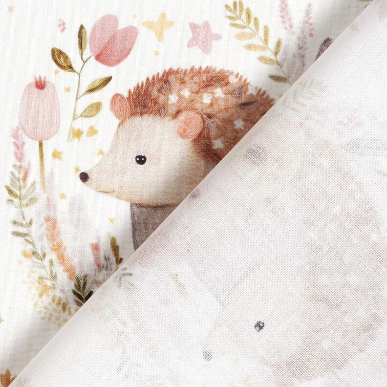 Cotton Poplin Hare and hedgehog in a flower circle Digital Print – ivory, image number 4