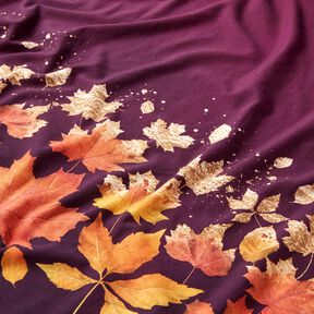 French terry Border Fabric maple leaves | Glitzerpüppi – merlot/antique gold, 
