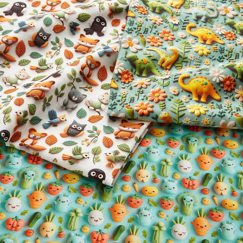 Cotton Poplin happy clay vegetables Digital Print – aqua blue,  image number 5
