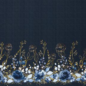 Cotton Jersey Border fabric flowers in golden glitter | Glitzerpüppi – midnight blue/denim blue, 