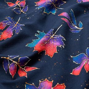 French terry colourful autumn leaves | Glitzerpüppi – midnight blue/fire red, 