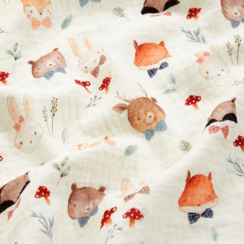 Double Gauze/Muslin Woodland animal heads Digital Print – offwhite,  image number 2