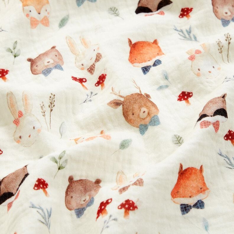 Double Gauze/Muslin Woodland animal heads Digital Print – offwhite, image number 2