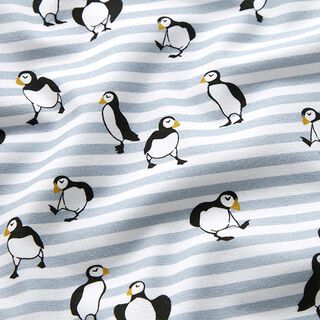 Cotton Jersey Puffins and stripes Digital Print – white/dove blue, 