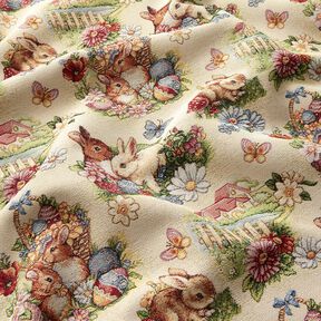 Decor Fabric Tapestry Fabric Easter bunnies in the garden – light beige/berry, 