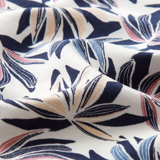Cotton jersey tropical flowers – white/navy blue, 