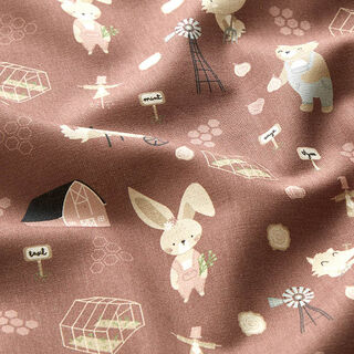 Organic Cotton Poplin rabbit, bear and fox gardening – chestnut, 