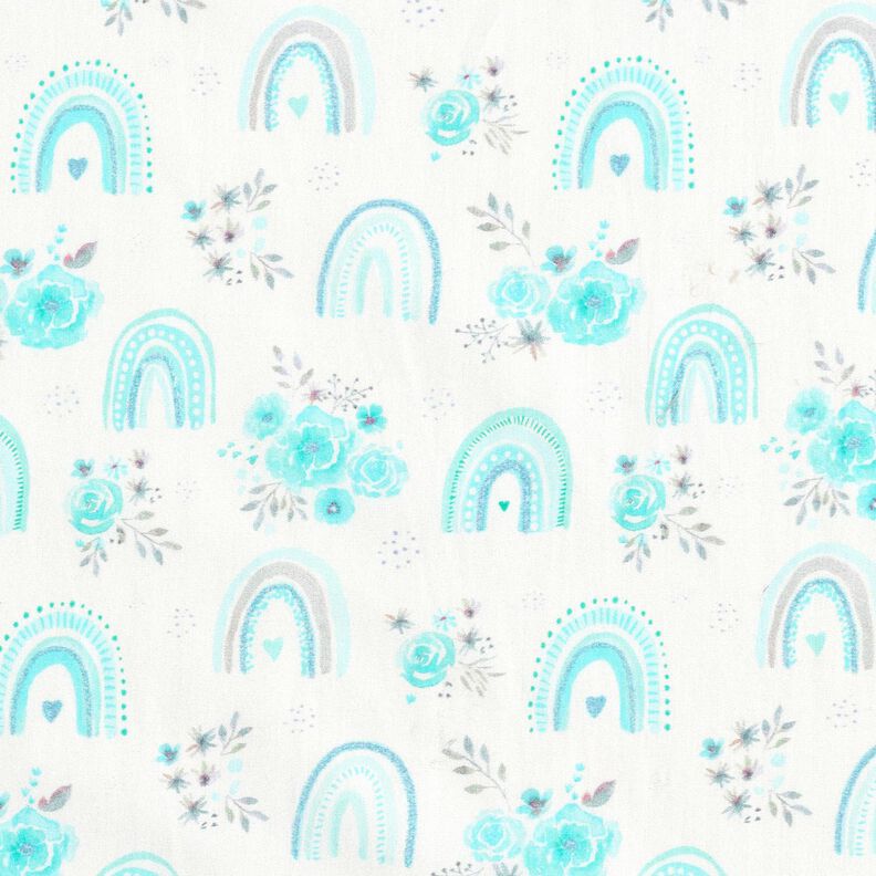 Cotton Poplin Roses and rainbows – white/light turquoise, image number 1