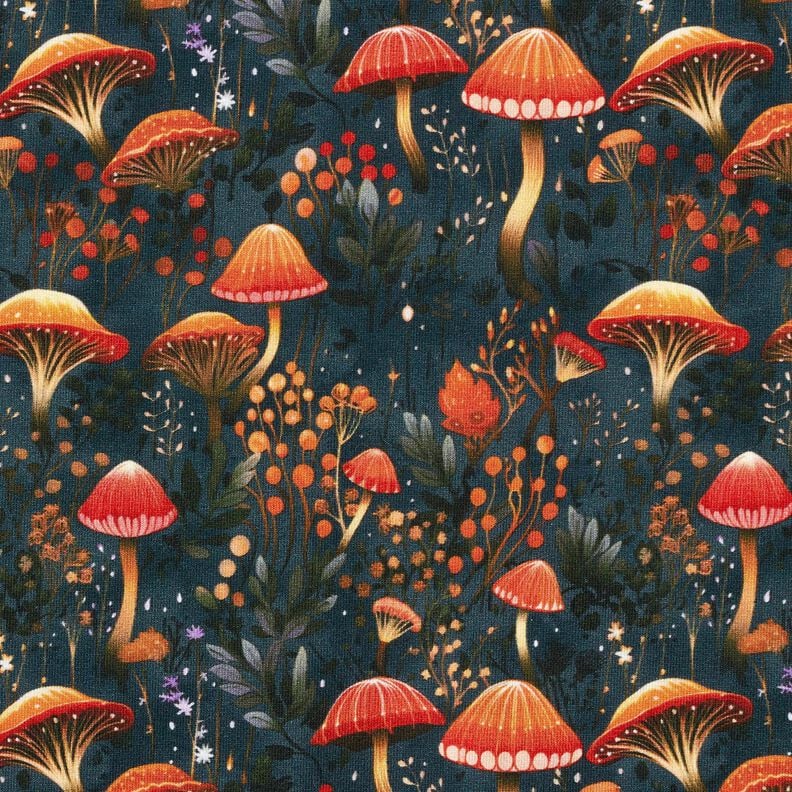 French Terry magical mushroom forest Digital Print – dark green,  image number 1