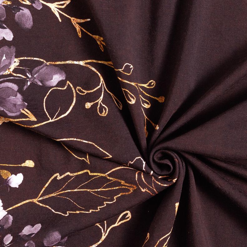 Cotton Jersey Border Fabric Flowers in gold glitter | Glitzerpüppi – burgundy/pastel mauve, image number 3