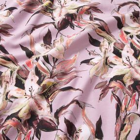 Cotton Jersey large lilies digital print – pastel violet/greige, 