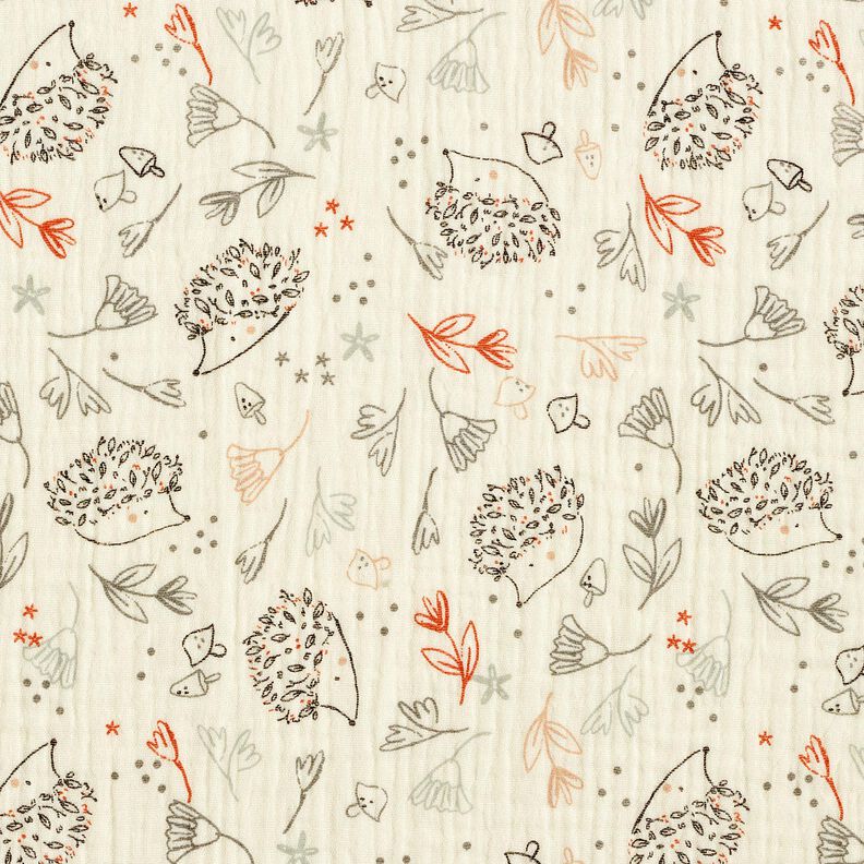 Double Gauze/Muslin Hedgehogs and woodland plants – offwhite, image number 1